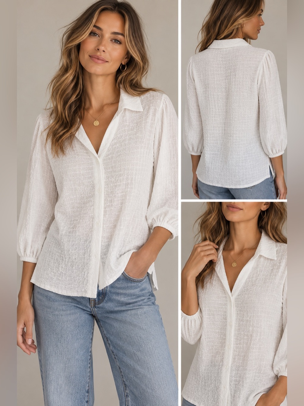 Adrianna Papell White Textured Button-Down Blouse
